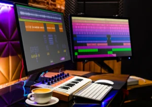 Na obrazie widać komputer do produkcji muzyki